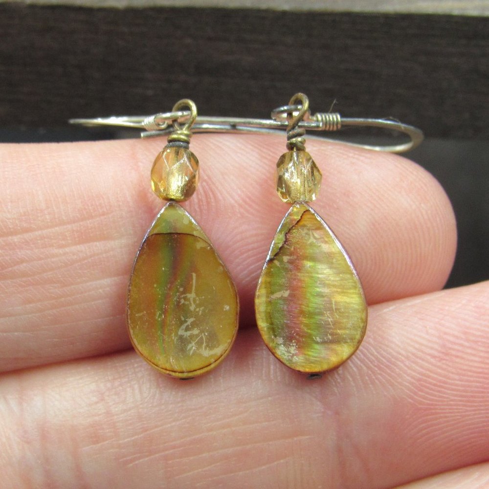 Sterling Silver Worn Teardrop Shape Shell Dangle … - image 1